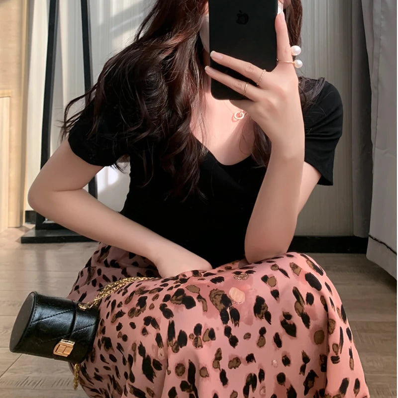 Aiertu  -  Pink Leopard Print Skirt Sweet Cool Cute Thin Mid-length A-line Skirt Spring/Summer Women Vintage Outerwear Clothing Aiertu