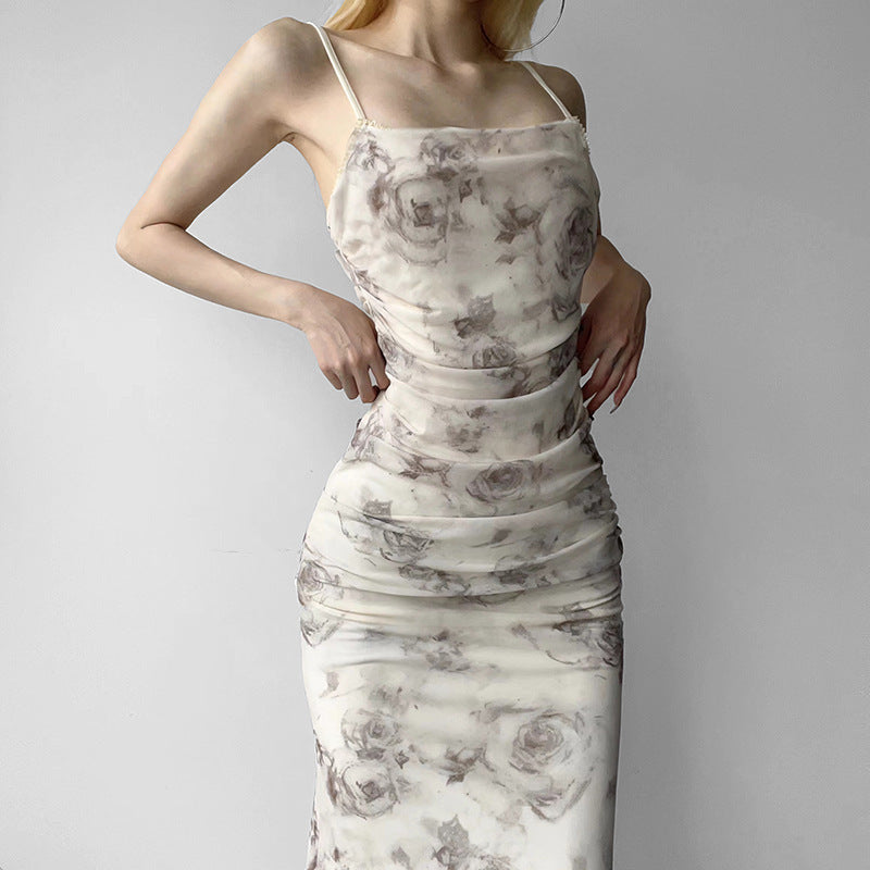 Aiertu - Floral Print Slit Mesh Maxi Dress Aiertu