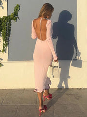 Aiertu  -  Backless Ruffled Knitted Long Dress For Women Contrast Color Flare Sleeve Autumn Sexy Bodycon Evening Party Sweater Dress Aiertu