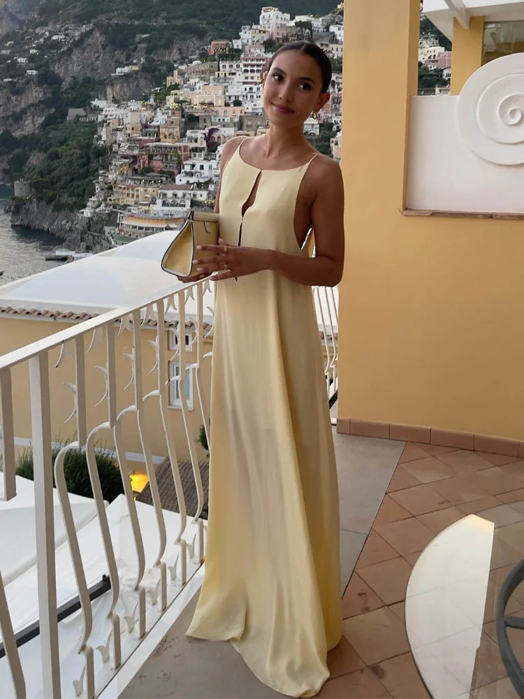 Aiertu  -  Ladies Feminine Buff Dress Loose Backless Round Neck Spaghetti Strap Drop Waist Long Robe Vacation Formal Ceremony Party Gown Aiertu