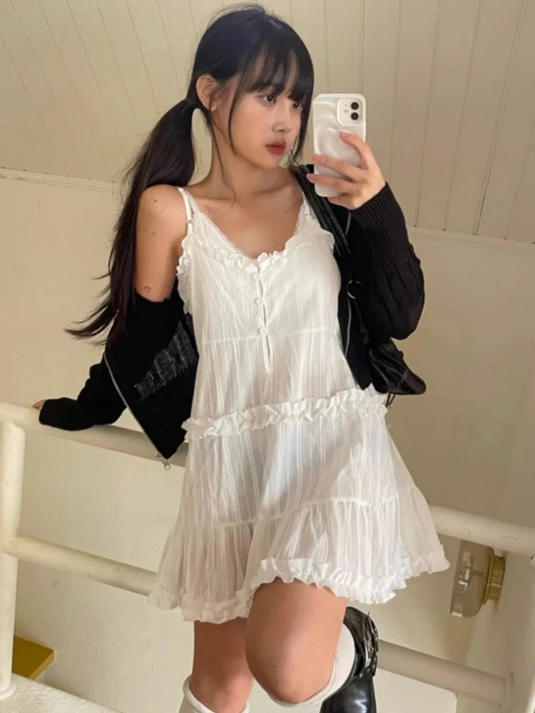 Aiertu  -  Vintage Sweet Patchwork White Vest Dresses Summer New Fungus Camisole Dress for Women Y2k Sleeveless Loose Vestidos Mujer Aiertu