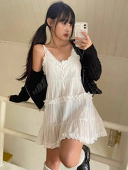 Aiertu  -  Vintage Sweet Patchwork White Vest Dresses Summer New Fungus Camisole Dress for Women Y2k Sleeveless Loose Vestidos Mujer Aiertu