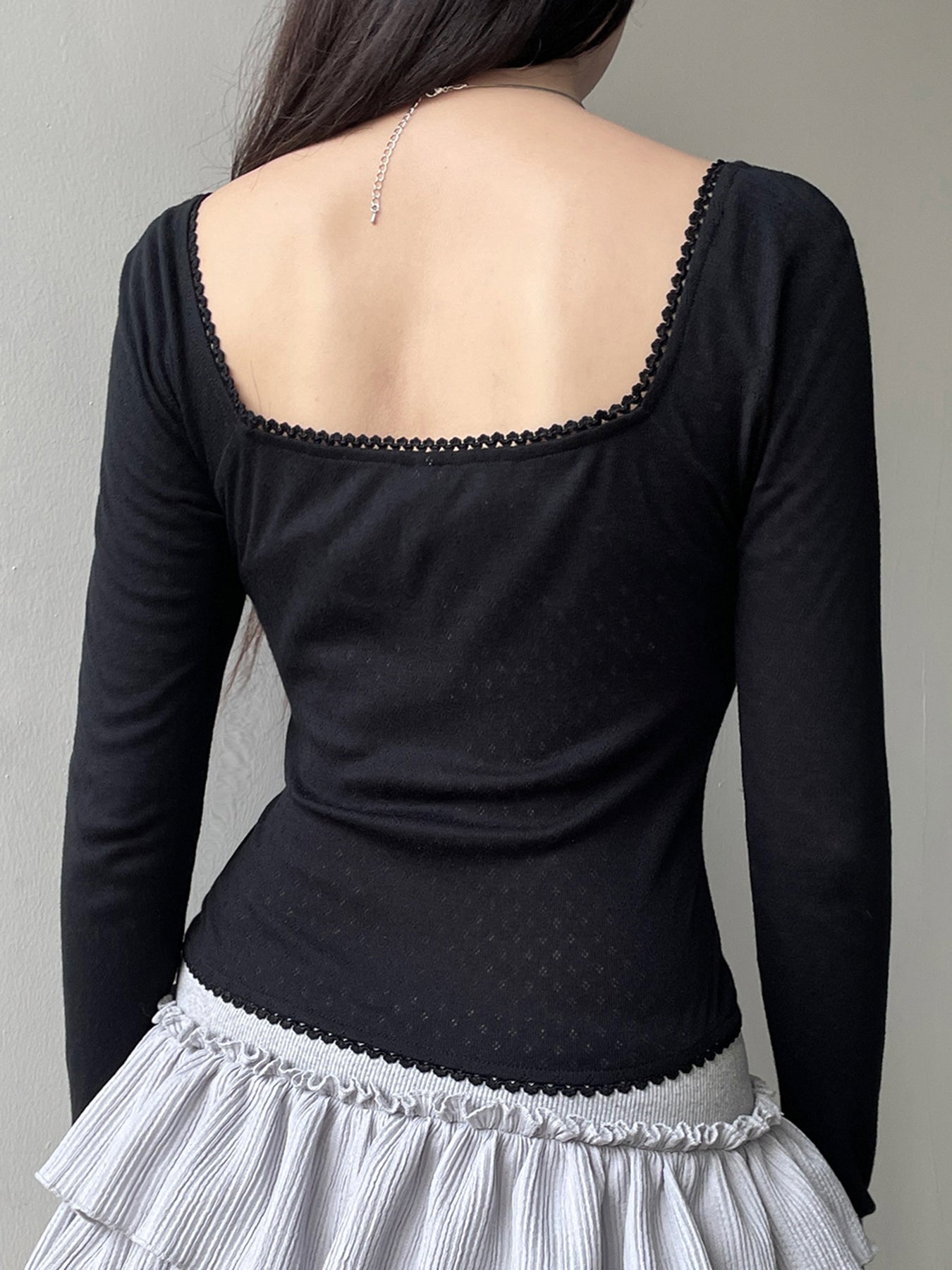 Aiertu - summer inspo Korean Fashion Shirring Bow Square Collar Slim Long Sleeve Black T Shirt Women White Solid Basic Cute Japanese Top Tee Aiertu