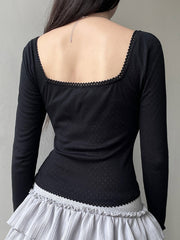 Aiertu - summer inspo Korean Fashion Shirring Bow Square Collar Slim Long Sleeve Black T Shirt Women White Solid Basic Cute Japanese Top Tee Aiertu