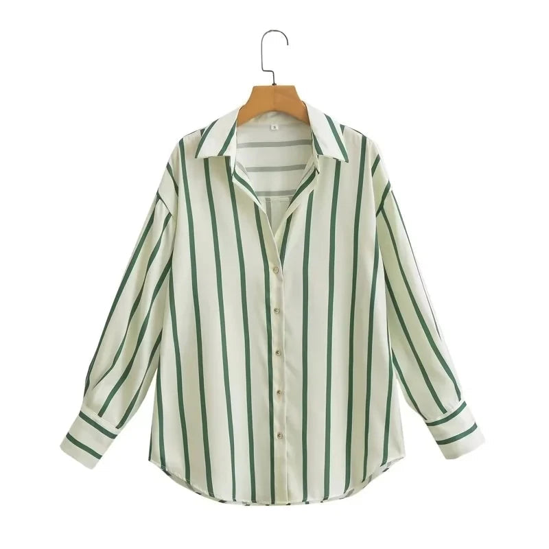 Aiertu  -  Stripes Shirt Women Autumn Spring Black Casual Loose Blouse Turn Down Collar Chic Vintage Oversize Female Blusa Aiertu