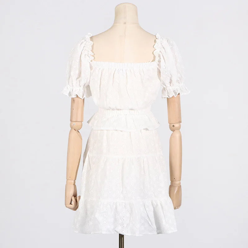 Aiertu  -  Hollow Out Embroidery Skirts Sets Women Off Shoulder Cropped Top+drawstring Mini Skirt 2025 New White Elegant Casual 2 Piece Set Aiertu