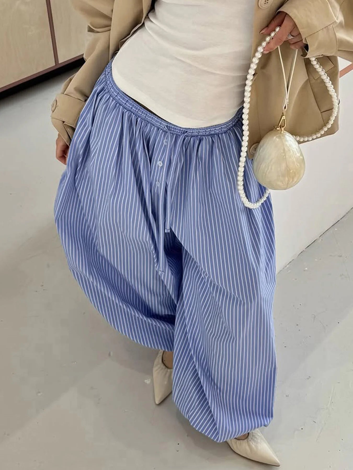 Aiertu  -  Streetwear Blue Striped Print Casual Pants Elastic Low Rise Loose Trousers y2k Aesthetic Korean Style Hippie Trousers Aiertu