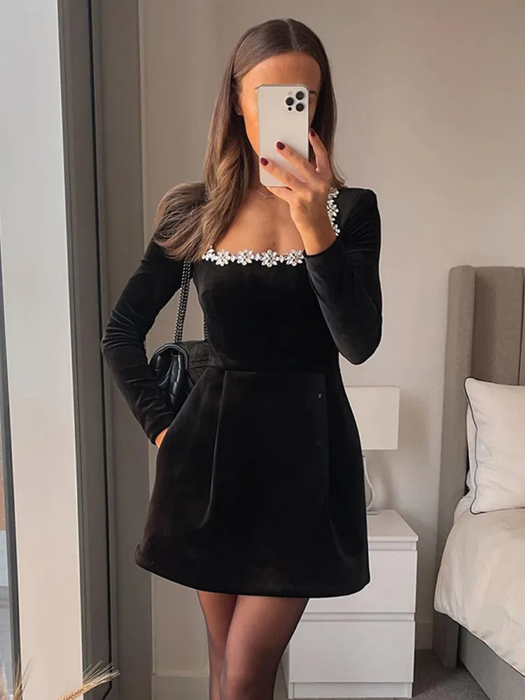 Aiertu  Women Black Rhinestone Decor Velvet Mini Dress Elegant Square Neck Long Sleeve High Waist A-line Dresses Lady Evening Party Gown Aiertu