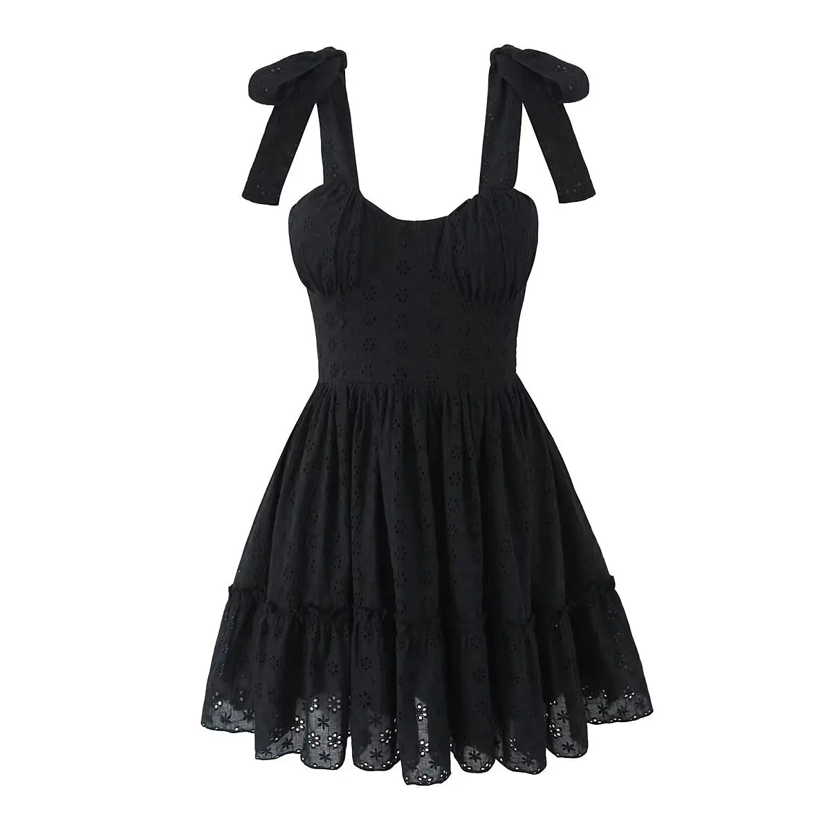 Aiertu  -  Summer 2025 Women Hollow Out Embroidery Sling Mini Dresses Lacing Up Back A-line Cotton Black White Short  Dresses Party Robe Aiertu
