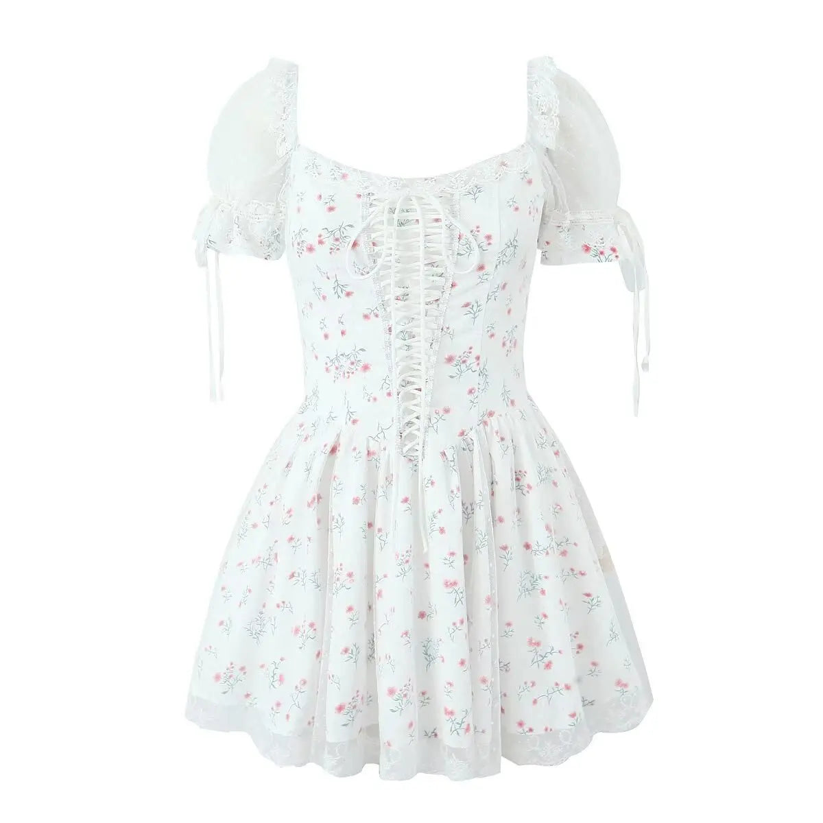 Aiertu  -  Sexy Off Shoulder Floral Print Mini Dresses For Women Short Sleeve Low Waist Holiday Summer Dress Lace Up Elegant Party Robe Aiertu