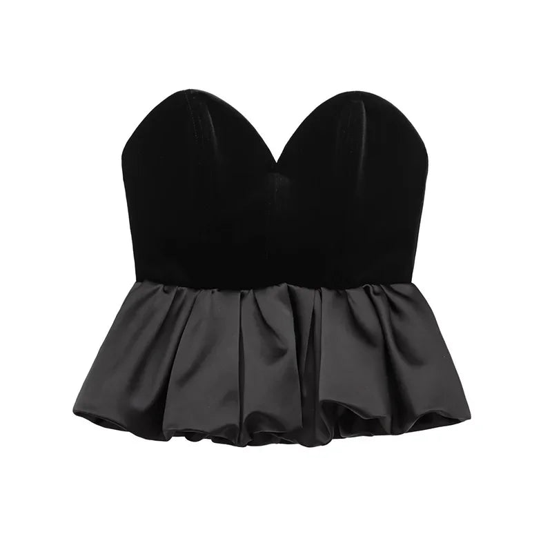 Aiertu  -  Sexy Velvet Patchwork Women Tank Strapless Sleeveless Backless Female Dresses 2025 Fashion Ruffle Hem Spring Fashion Lady Tops Aiertu