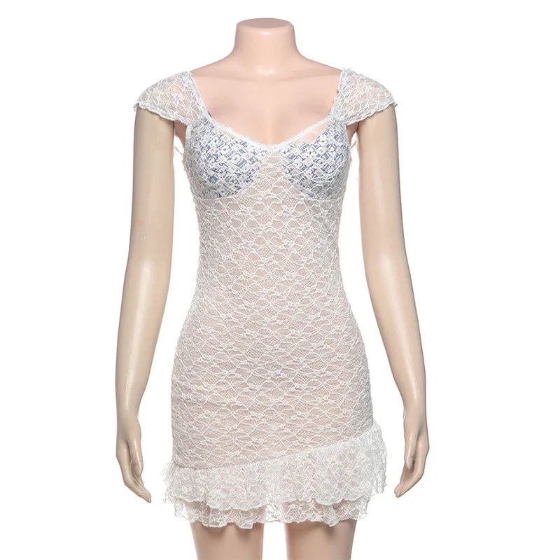 Aiertu  -  Sexy Lace Mini Dress For Women Fashion Splice High Waist Suspender Dress Bodycon Sleeveless Female Backless Party Dress Aiertu