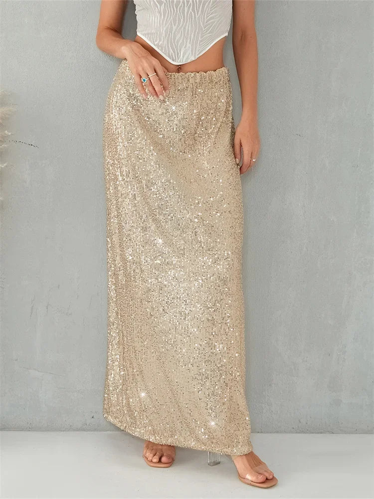 Aiertu  -  Women Sequin Midi Skirts Low Waist Straight Long Skirts Summer Party Club Beach Sexy Elegant Skirts See Through Bikini Cover-ups Aiertu