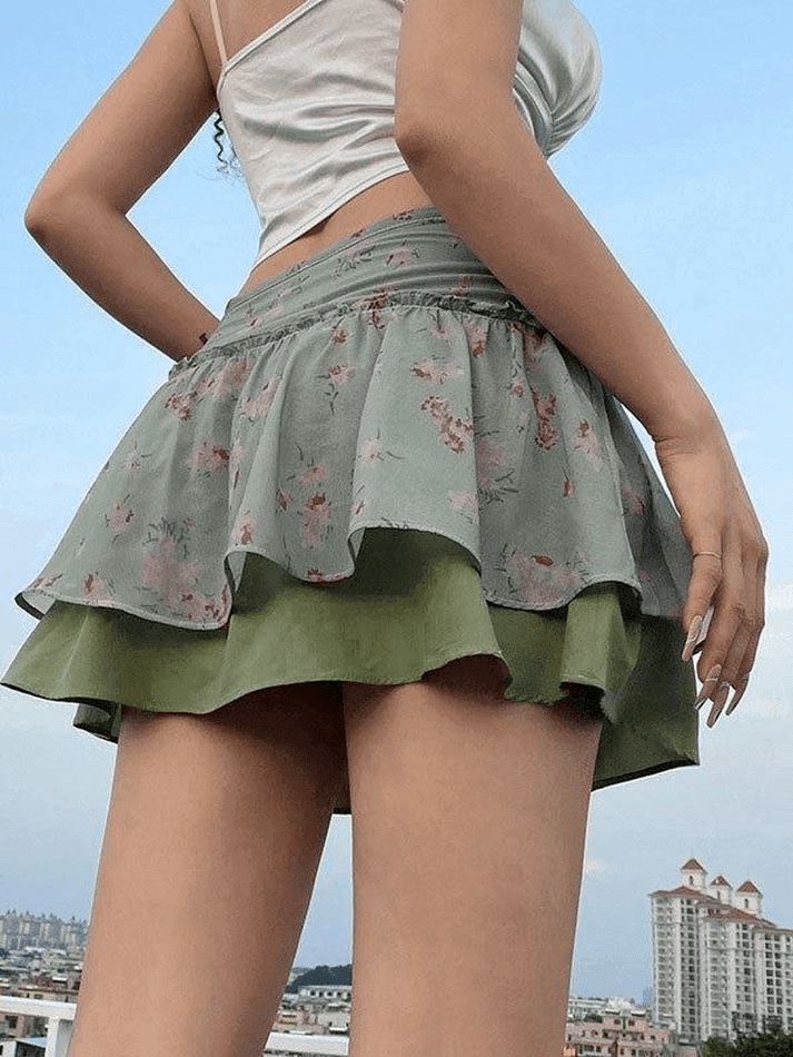 Aiertu  -  Floral Print Ruffle Mini Skirt Aiertu