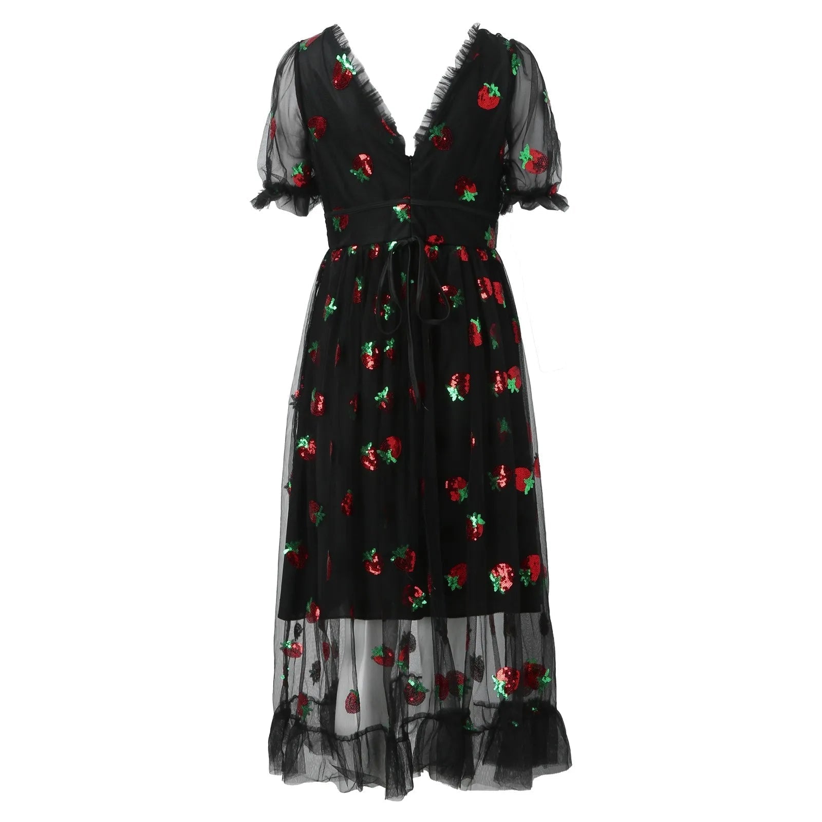 Aiertu  -  Women Strawberry SequinsEmbroidery Mesh Round Neck Tunic Party Dress Bride Female Luxury Vestidos Para Mujer Pretty Aiertu