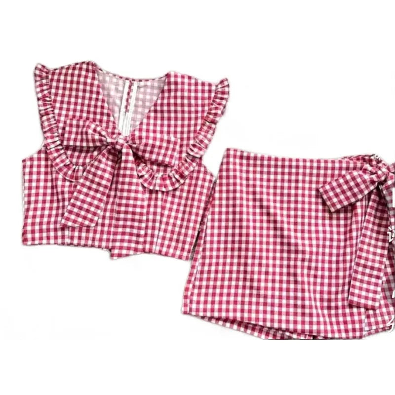 Aiertu  -  Sweet Hot Girl Suit Women's Summer Turn-down Collar Plaid Bow Top High Waist Skirt Shorts Two-piece Set Fashion Female Clothes Aiertu