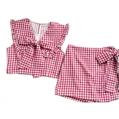 Aiertu  -  Sweet Hot Girl Suit Women's Summer Turn-down Collar Plaid Bow Top High Waist Skirt Shorts Two-piece Set Fashion Female Clothes Aiertu
