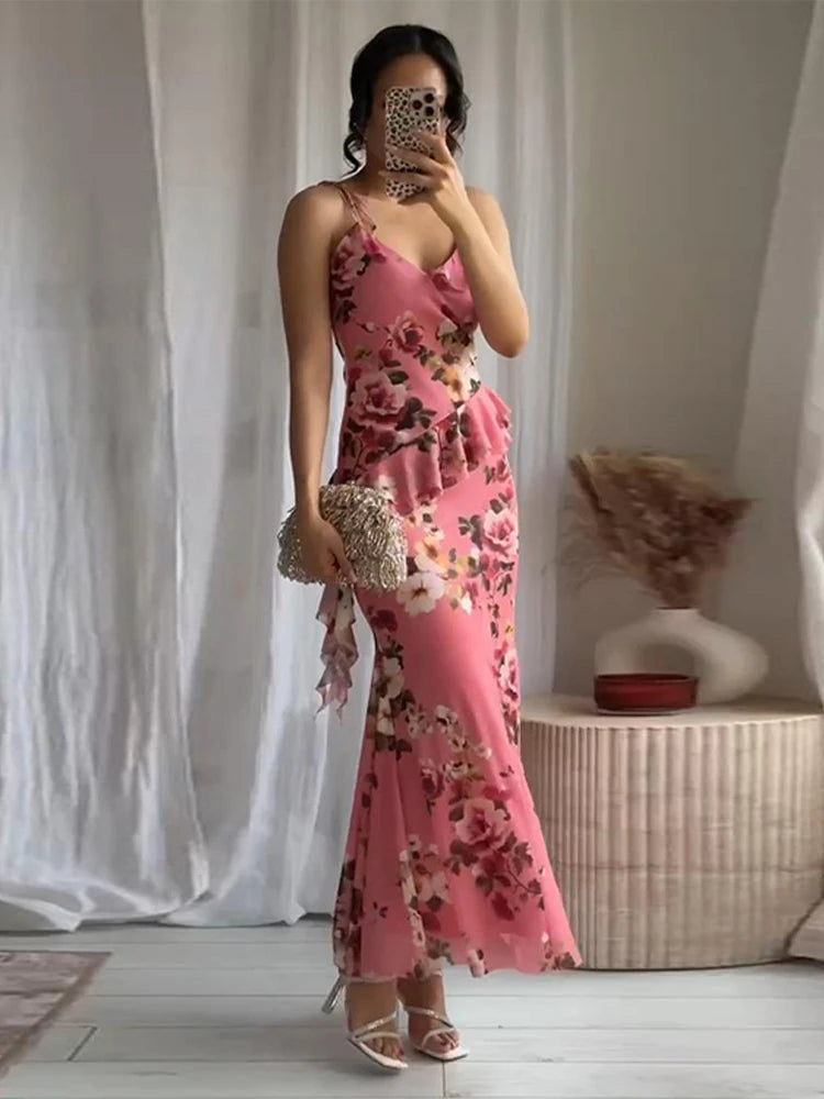 Aiertu  -  Elegant Women Sets Printed Ruched Long Skirts Set 2025 New Fashion Sexy V-neck Short Strap Tops Sets For Women 2 Pieces Aiertu