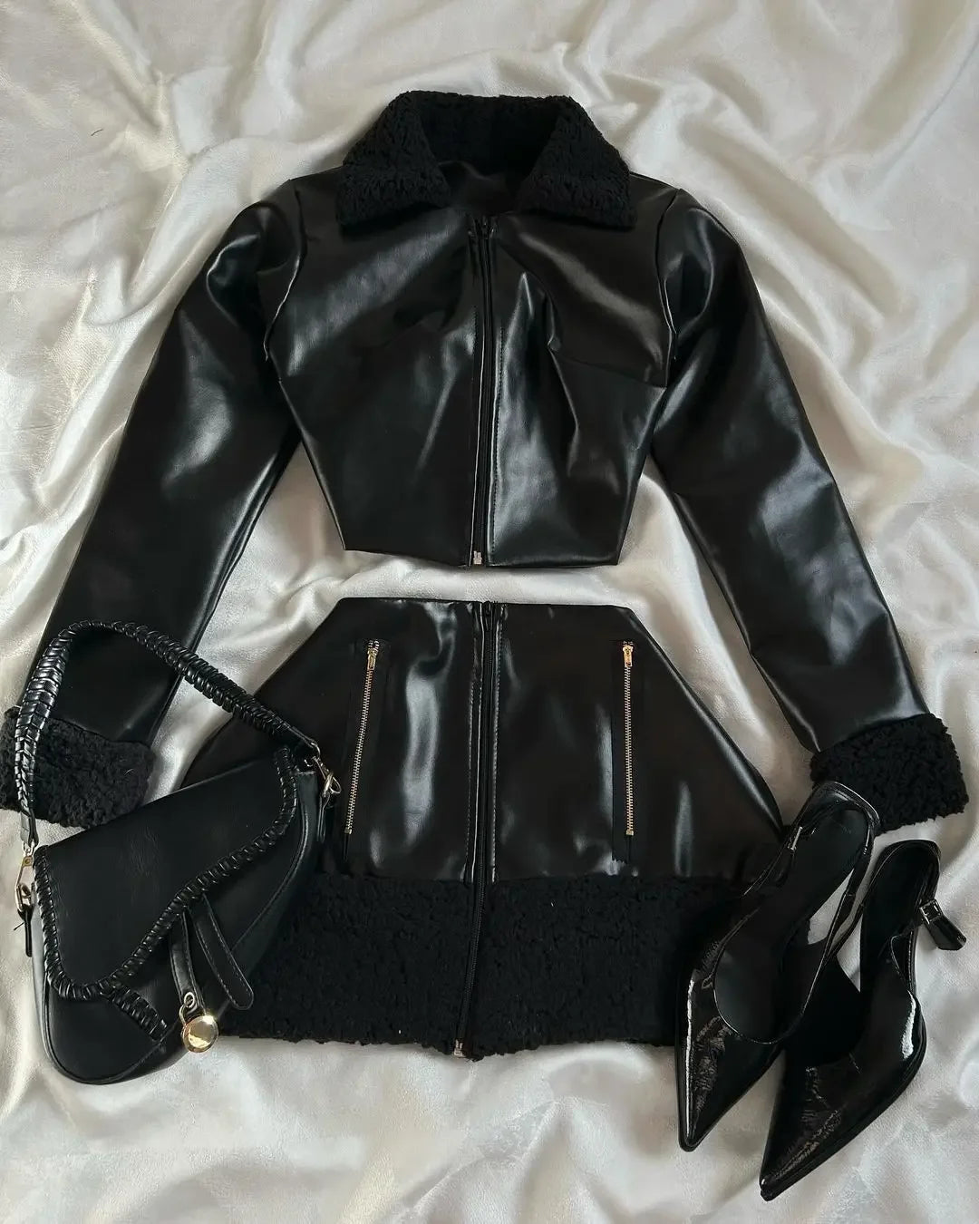 Aiertu  -  New Y2K Leather Plush Collar Denim Splicing Black Suit Women's Harajuku Zipper Jacket Sexy Short Pleated Skirt Women's Top Aiertu