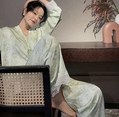 Aiertu  -  Women's Satin Pajama Set Long Sleeve Spring Autumn Ladies Sleepwear 2 Pcs with Pant Silk Like Lace Patchwork Pijama Suit Female Aiertu