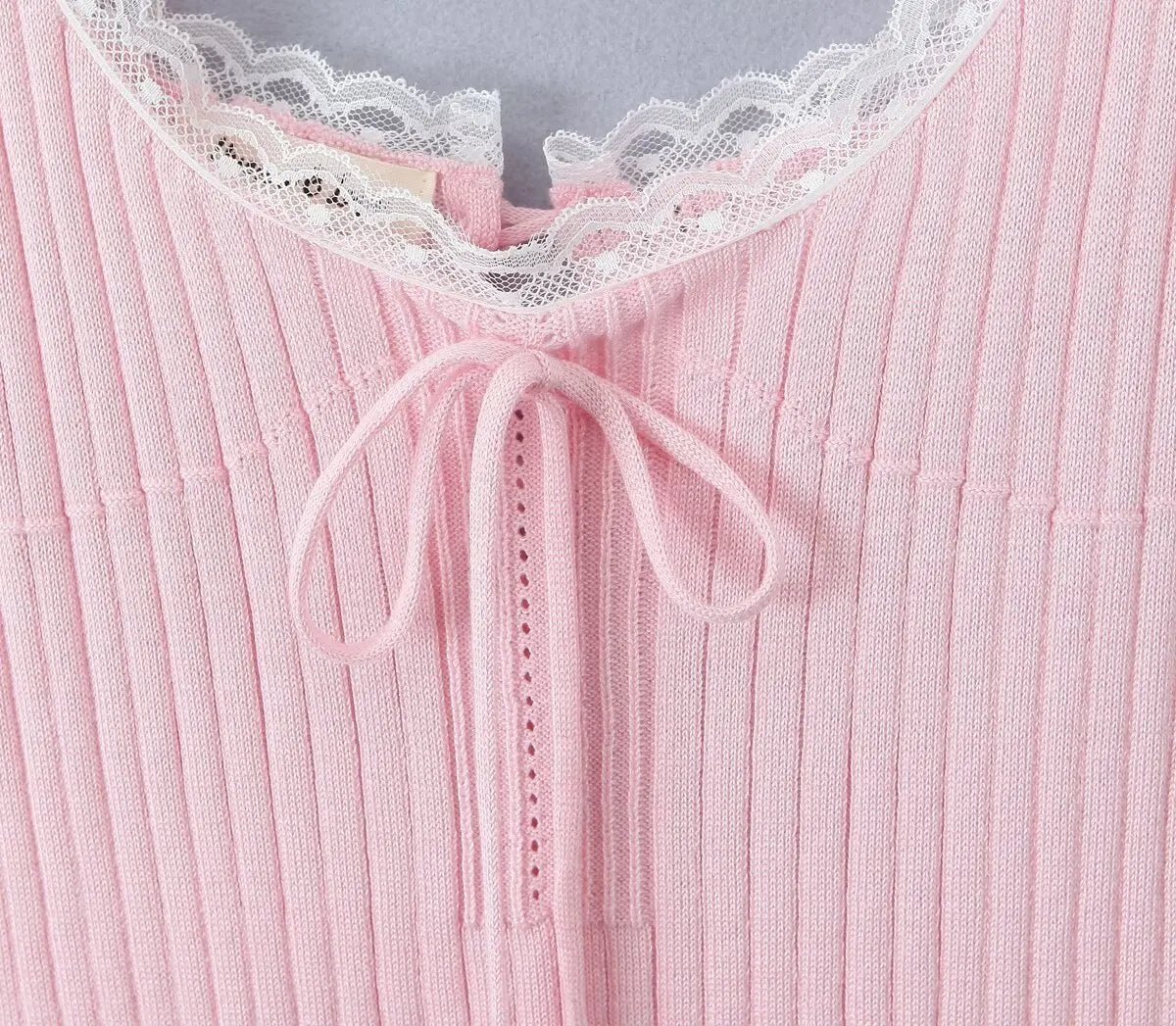 Aiertu  -  New Pink White Lace Patchwork Short Dress For Women's Clothing Ruffle Square Collar Vacation Beach Summer Knit Slip Dress Aiertu