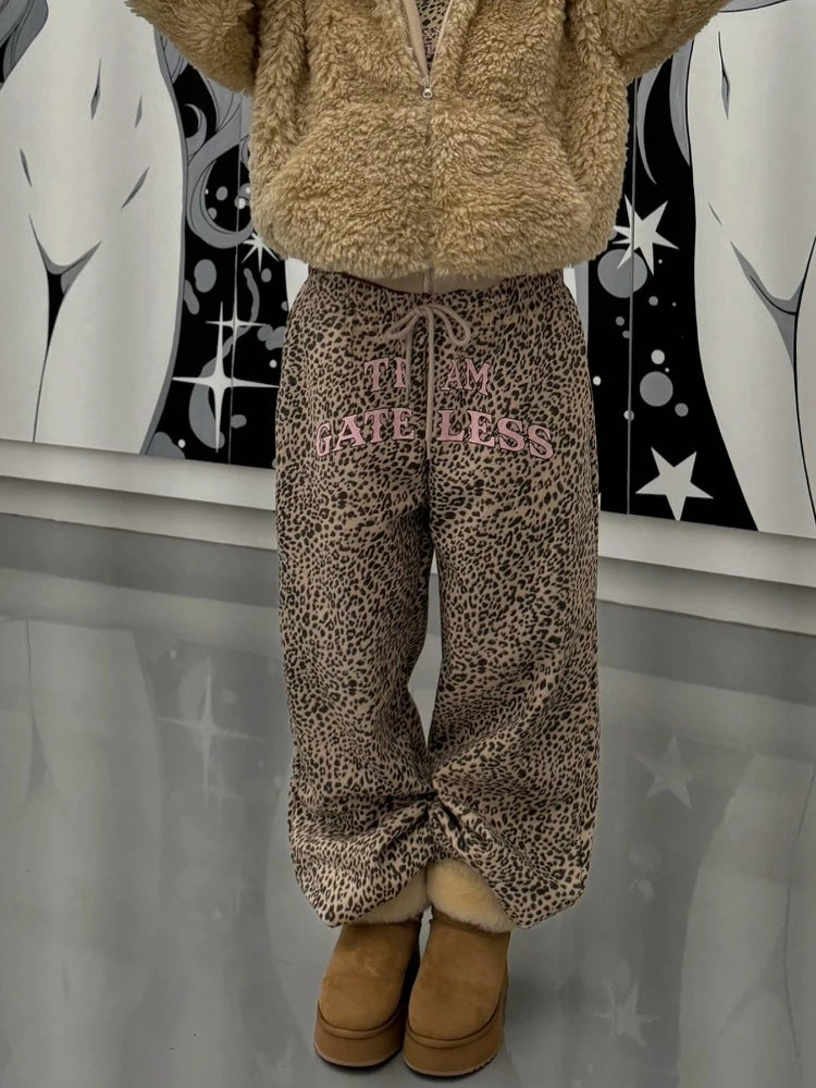 Aiertu  -  Y2k Vintage Leopard Print Mid Waist Long Pants Women American Retro Streetwear Hip Hop Letter Print Loose Trousers 2025 Aiertu
