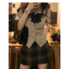 Aiertu Summer Japanese Fashion Lapel Bow Short Top Plaid Pleated Skirt Jk Suit 2pcs Women Korean Girls School Uniform Plus Size XL Aiertu
