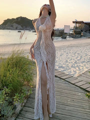 Aiertu  -  Sexy Lace Evening Dresses for Women Elegant V-Neck Halter Backless Bodycon Party Long Dress Slim Split Vestidos Female Clothing Aiertu