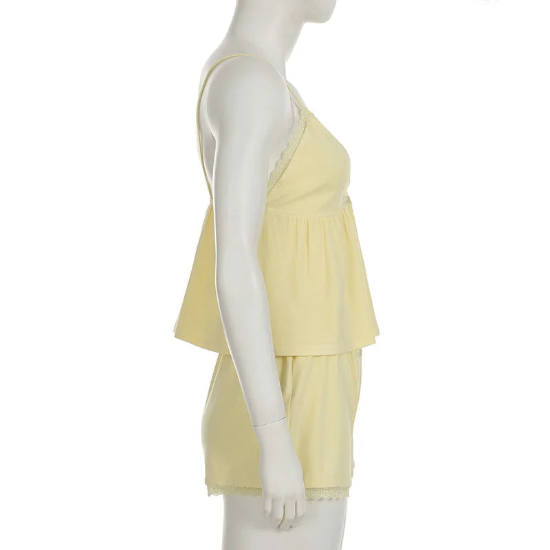 Aiertu  -  Lace Patchwork Solid Backless Two-piece Set Sleeveless Halter Vacation Sexy Sweet Suit Deep V-neck Summer Twinset Aiertu