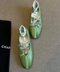 Aiertu  Fine Bow Splicing Comfy Flats Green Sheepskin Aiertu