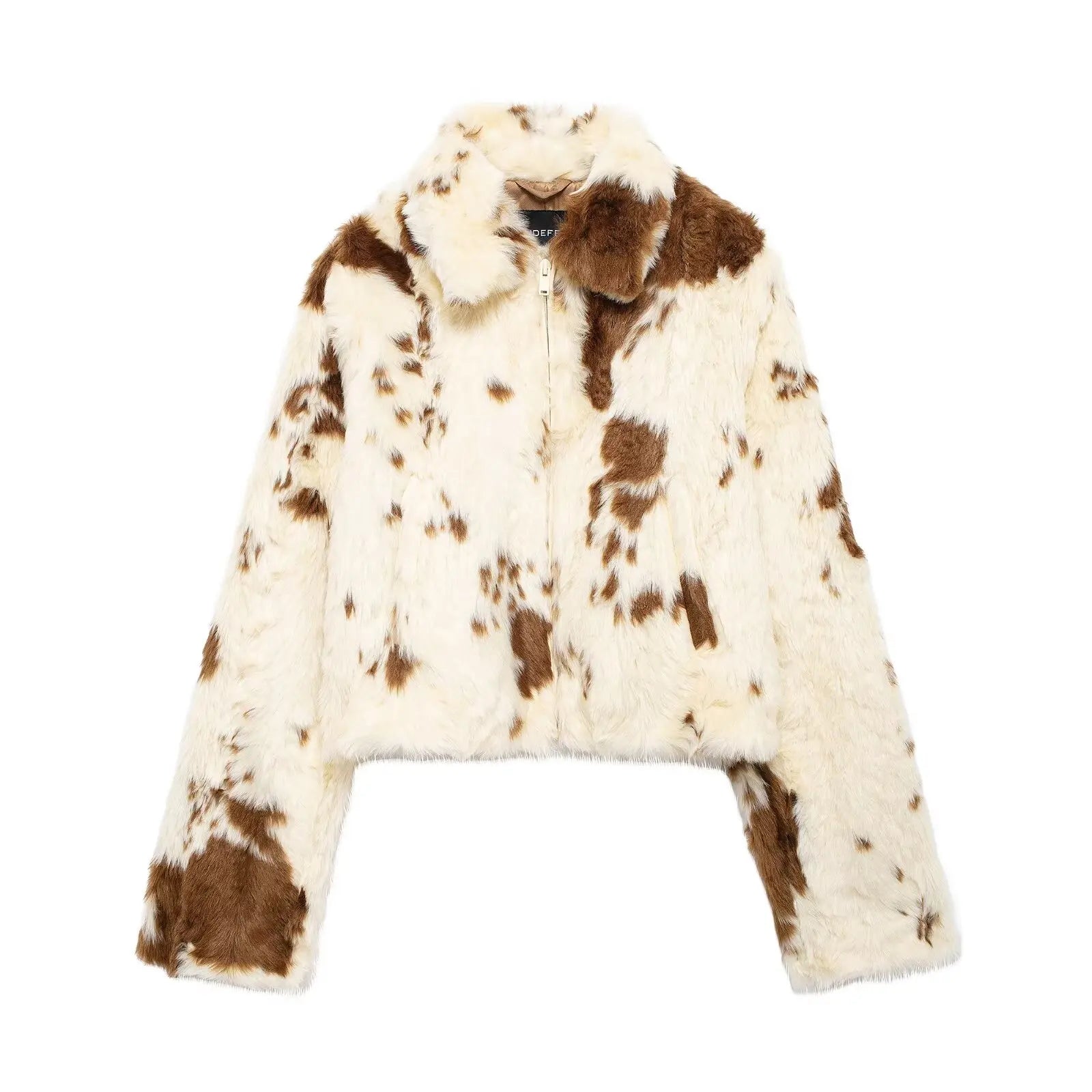 Aiertu  -  Women Autumn Casual Faux Fur Lapel Crop Jacket Fashion Cow Pattern Fuzzy Long Sleeve Coat Female Chic Zipper Outerwear Aiertu