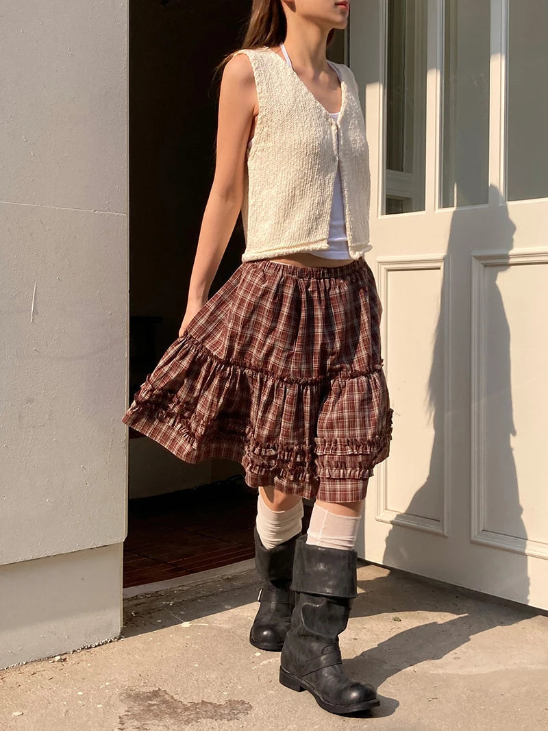 Aiertu  -  Vintage Plaid Mini Skirt Women Japanese Harajuku Ruffles Patchwork Black Skirts Summer High Waist Casual A Line Faldas New Aiertu