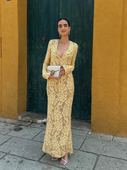 Aiertu  -  Sexy Yellow Deep-v Neck Long Dress Women Chic Long Sleeve Skinny Mermaid Dresses 2026 Autumn New Ladies Party Club Evening Robes Aiertu