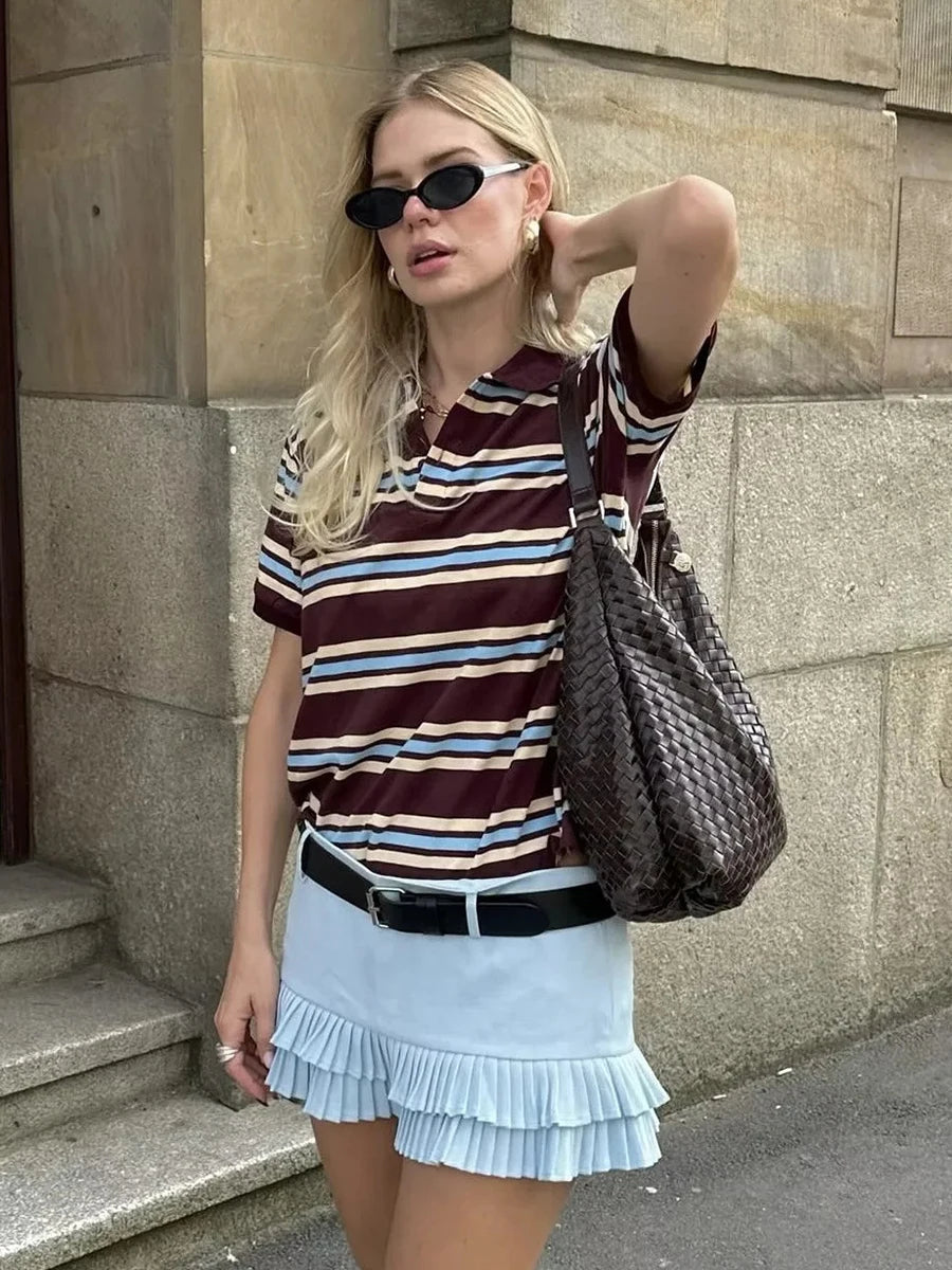 Aiertu  -  Striped Contrast Short Sleeve T-shirt Women Buttons Turndown Collar Tee Shirt Spring New Streetwear Vintage Chic Top Tees 2025 Aiertu