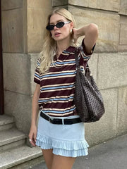Aiertu  -  Striped Contrast Short Sleeve T-shirt Women Buttons Turndown Collar Tee Shirt Spring New Streetwear Vintage Chic Top Tees 2025 Aiertu