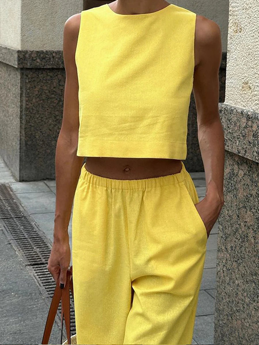 Aiertu  -  Solid Tank Tops Two-piece Set Summer New O Neck Sleeveless Cropped Top+Wide Leg Trouser Suits Simple Casual Chic Pants Sets 2025 Aiertu
