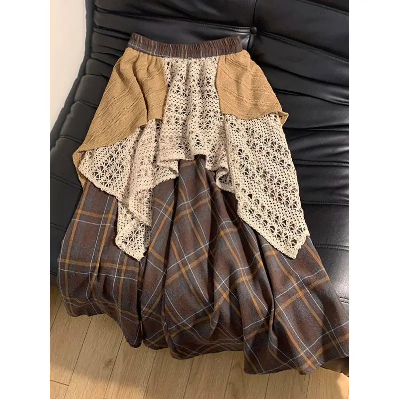Aiertu  -  Harajuku Japanese Popular Versatile Hollow Plaid Irregular Design Splicing Skirt Women's Casual Street Fashion Knee-length Skirt Aiertu