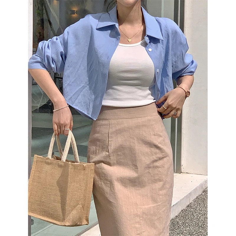 Aiertu Cropped White Split Shirts Women Elegant Long Sleeve Blouses Office Ladies Korean Fashion Solid Slit Casual Chic Tops New Aiertu