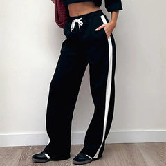 Aiertu  Streetwear Stripe Spliced Autumn Sweatpants Women Trousers Sporty Casual Elastic Waist Homewear Pants Straight Bottom Aiertu