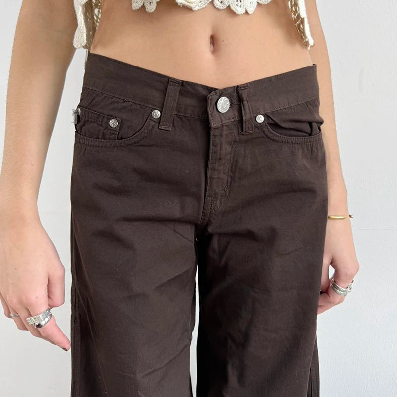 Aiertu  -   party look snspos Women Brown Retro Flare Jeans Loose Fit Casual Elegant Minimalist Lady Wide Leg Pants Fashion Streetwear Fall Outfits Aiertu