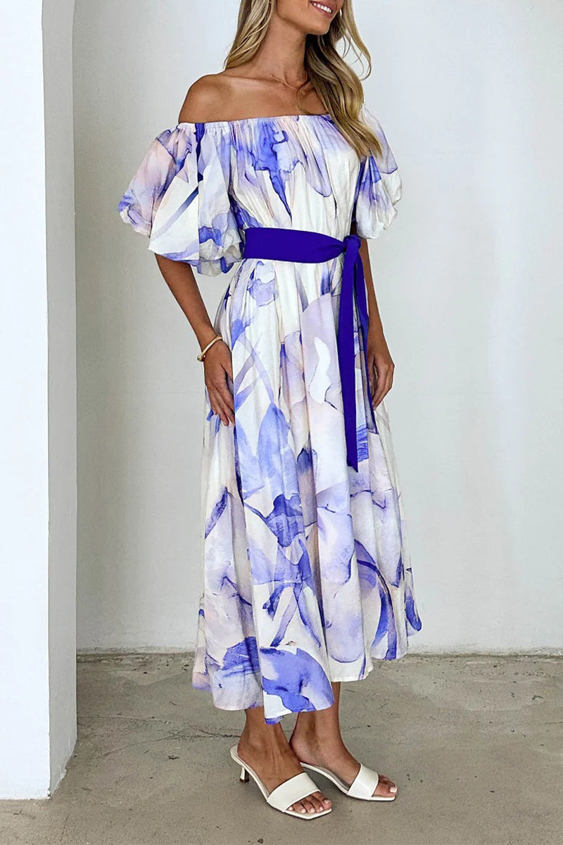 Aiertu  -Elegant Floral Print Lace Up Off Shoulder A Line Dresses aiertu