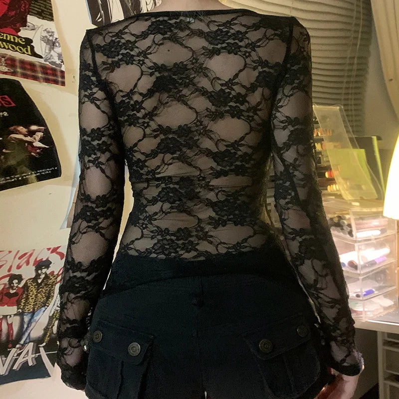 Aiertu  -   party look snspos Hollow Out Lace Sleeve Patchwork Top Women's Autumn Spring Sexy Slim-fitting T-shirts Chic Elegant Crew Neck Tops Retro Aiertu