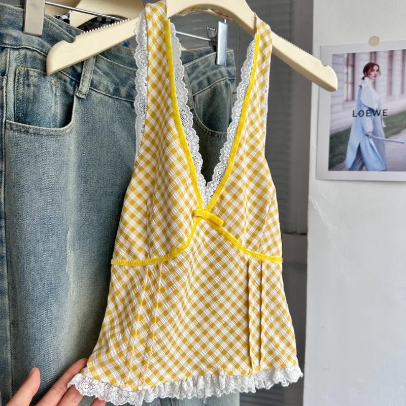 Aiertu  -  Red Plaid Halter Neck Tank Women's Summer Patchwork Lace Sexy Hot Girl Slim Fit Top Fashion Female Clothes Aiertu