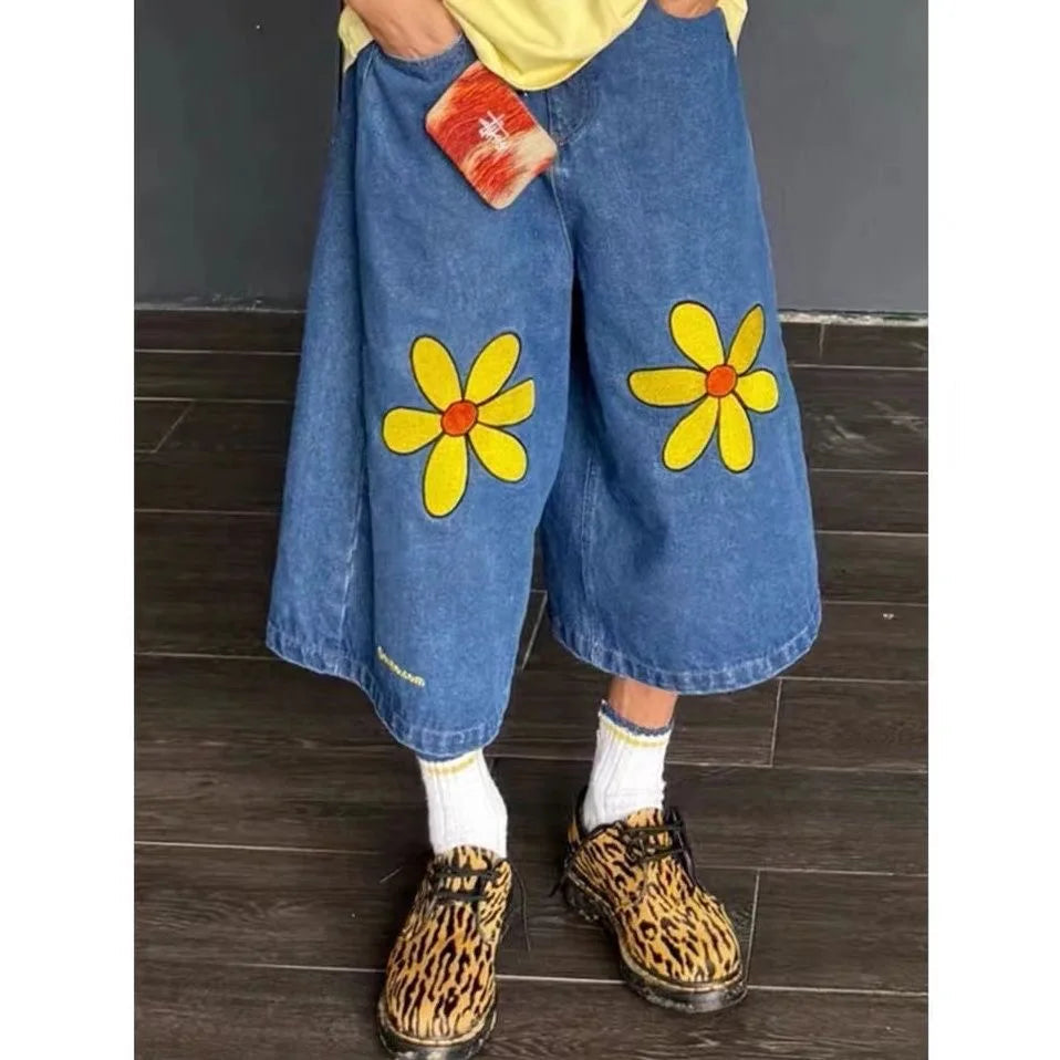 Aiertu  -  Fun Graphic Print Denim Knee Length Pants American Retro Straight Wide-leg Shorts Harajuku Style Fashion Street Loose Shorts Aiertu