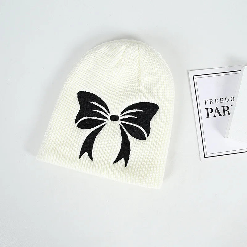 Aiertu  -  Autumn Winter Bow Embroidery Knitted Hats Women Girls Fashion Pink Bow Warm Adult Beanie Hat Korean Skullies Caps Female Bonnet Aiertu