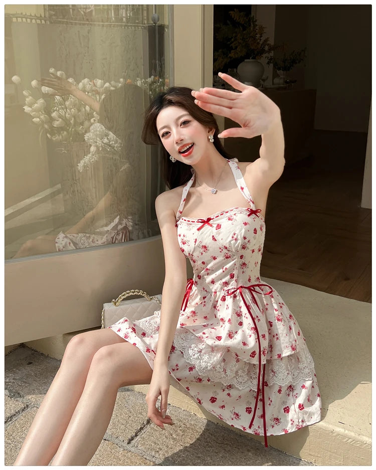Aiertu  Cherry Bird Red Ribbon Coquette Dress Aiertu