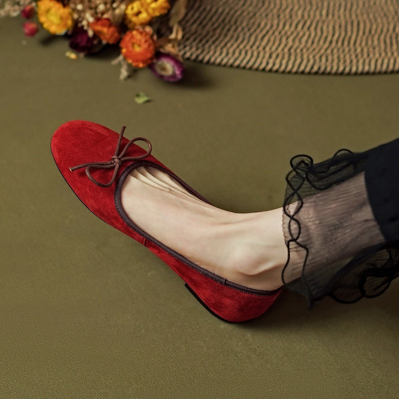 Aiertu  Round Toe Ballet Flats Elegant Bowtie Low Heel Walk Shoes Korea Style Soft Sheepsuede Driving FlatsBasic Daily Flat Shoes Woman Aiertu