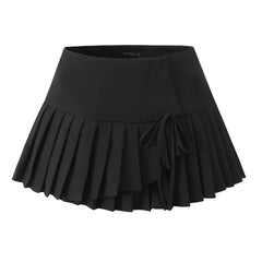 Aiertu  -  Y2K Style Cool Girl Cross Slit Asymmetrical Pleated Mini Skirts Women Side Zipper Low Waist Sports Skirts Gray Black White Aiertu