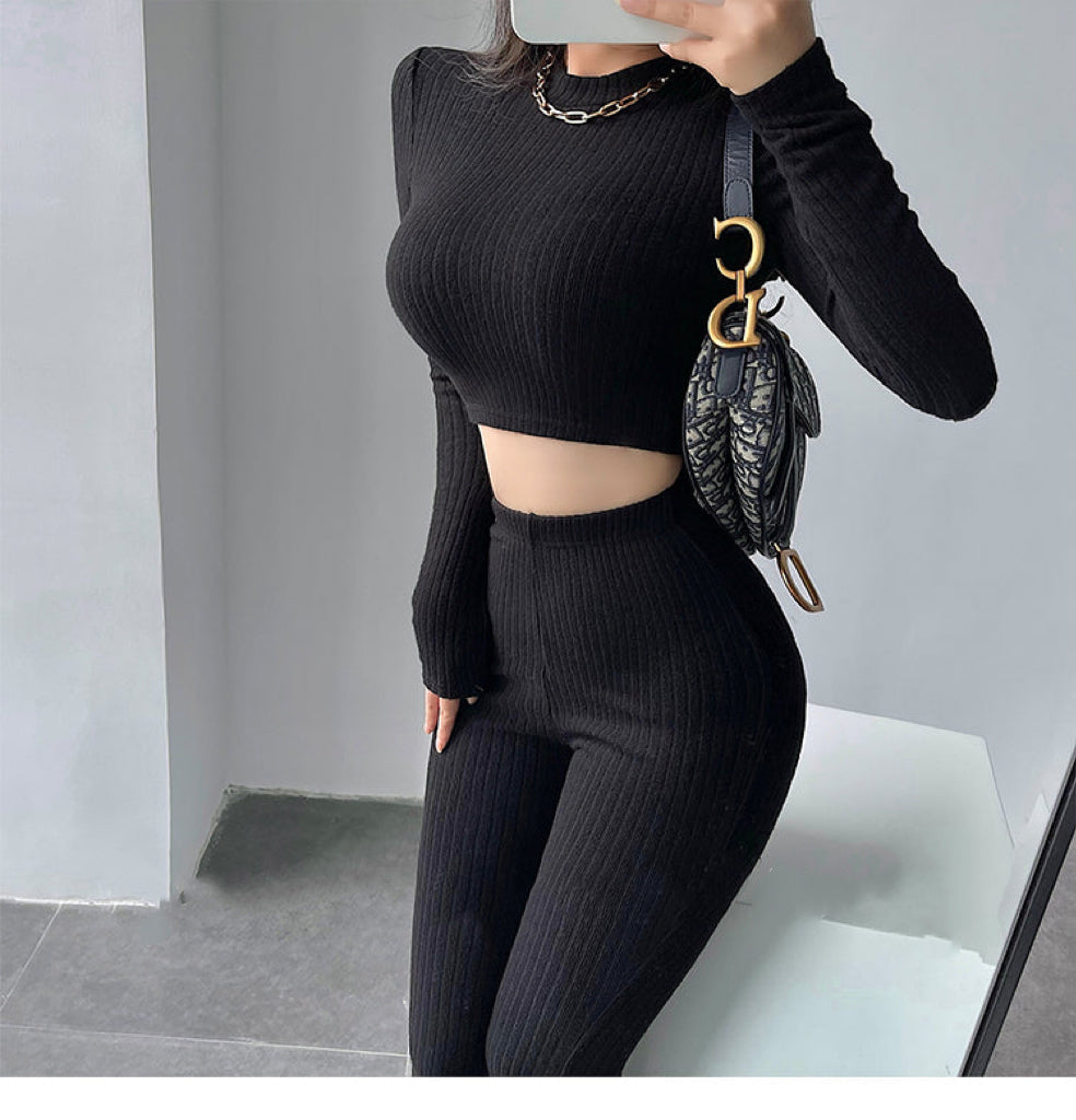 Aiertus Solid Color Ribbed Slim Long Sleeve Cropped Top High Waist Pants Matching Set Aiertu