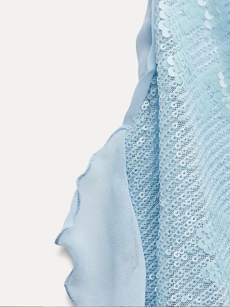 Aiertu  -  Sky Blue Sequins Ruffle Irregular Mini Dress Women Sexy Swing Collar Sleeveless Slim Short Robe Female Elegant Party Vestidos Aiertu